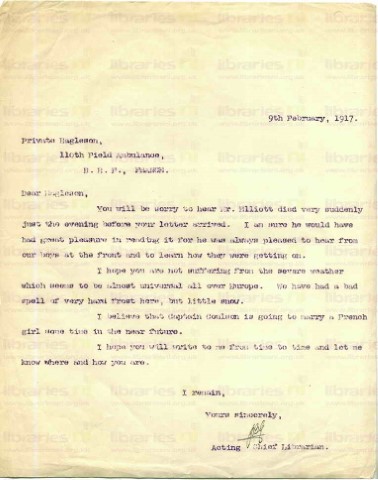EAG 006. Letter from Goldsbrough to Eagleson 9 February 1917. Elliott's death, weather. Page one of one. 