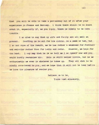 COU 054. Letter from Goldsbrough to Coulson 16 May 1919. Staff, family. Page two of two. 