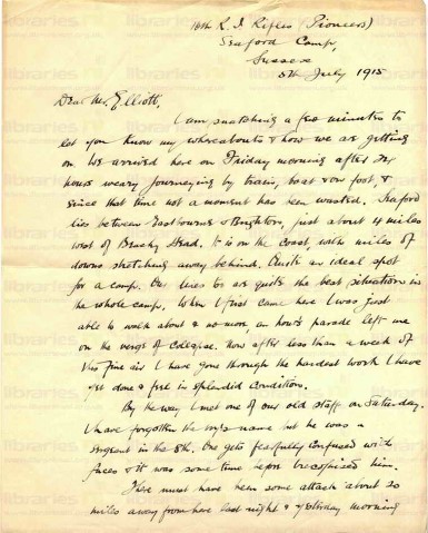 COU 019. Letter from Coulson to Elliott 5 July 1915. Seaford, Sussex. Camp, attack nearby, sketching, routine. Page one of three. 