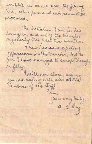ROY 003. Letter from Roy to Elliott 5 April 1916. Pay, trenches. Page two of two. 
