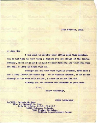 ROY 002. Letter from Elliott to Roy 14 October 1915. Coulson and Simpson.  Page one of one. 