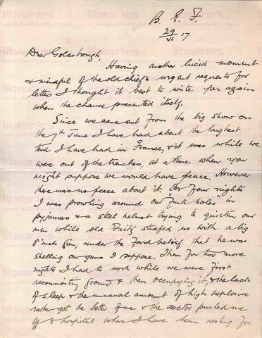 COU 041. Letter from Coulson to Goldsbrough 29 June 1917. France. Trenches, Scilley, Americans and other nationalities. Page one of four. 