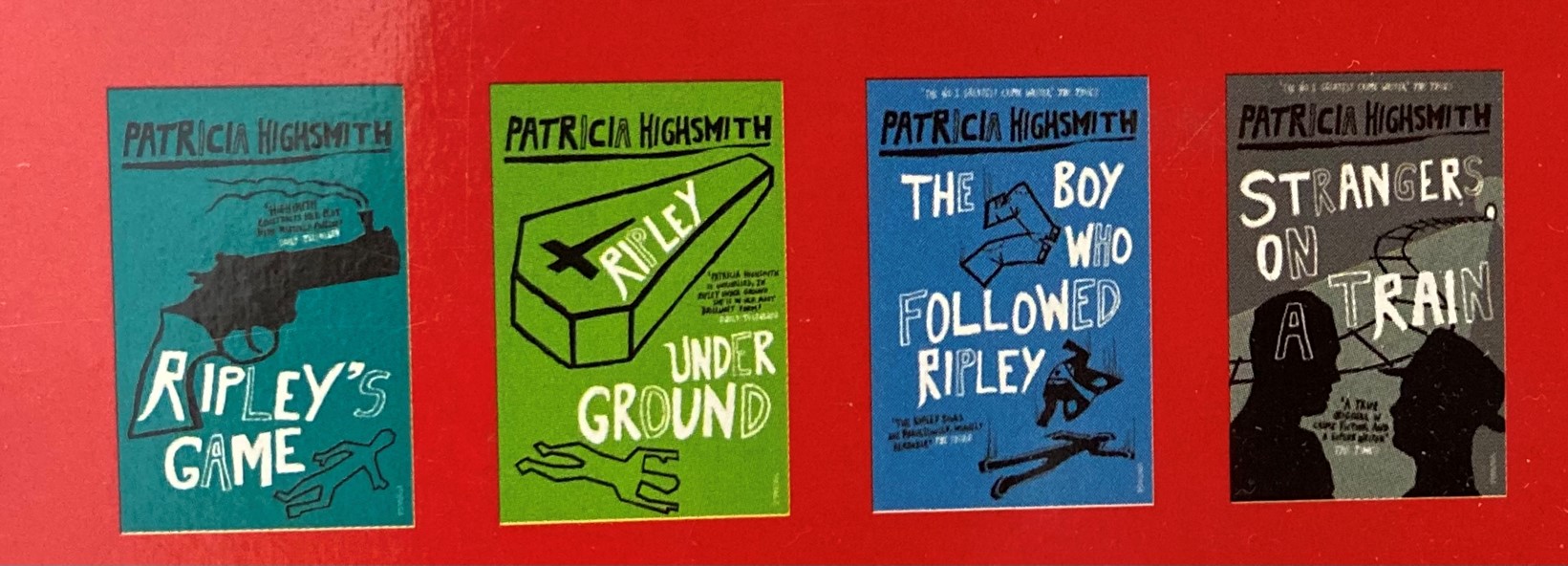 Book covers of four titles by Patricia Highsmith
