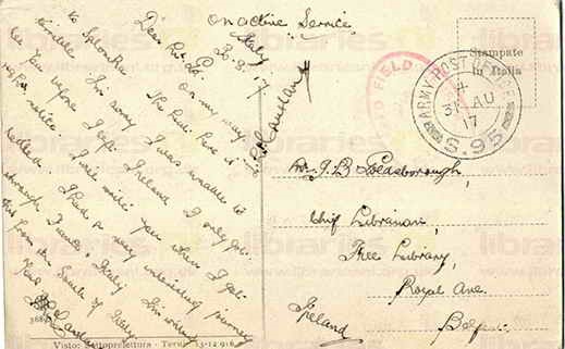 McC 012. Field Service Postcard from McCausland to Goldsbrough 30 August 1917. Italy. On way to Salonika. Page two of two. 