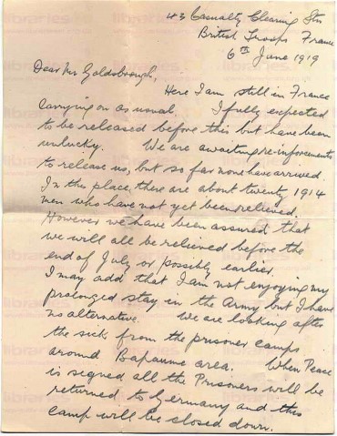 FIT 030. Letter from Fitzsimons to Goldsbrough 6 June 1919. France. Demobilisation, Bapaume, landscape, poppies. Page one of two. 
