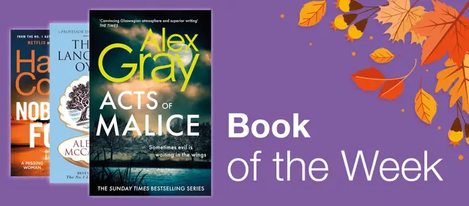Home page small banner showing the Book of the Week which is Acts of Malice by Alex Gray