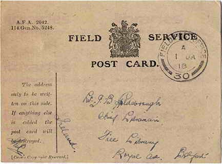McC 017. Field Service Postcard from McCausland to Goldsbrough 24 December 1917. I am quite well. Page one of two. 