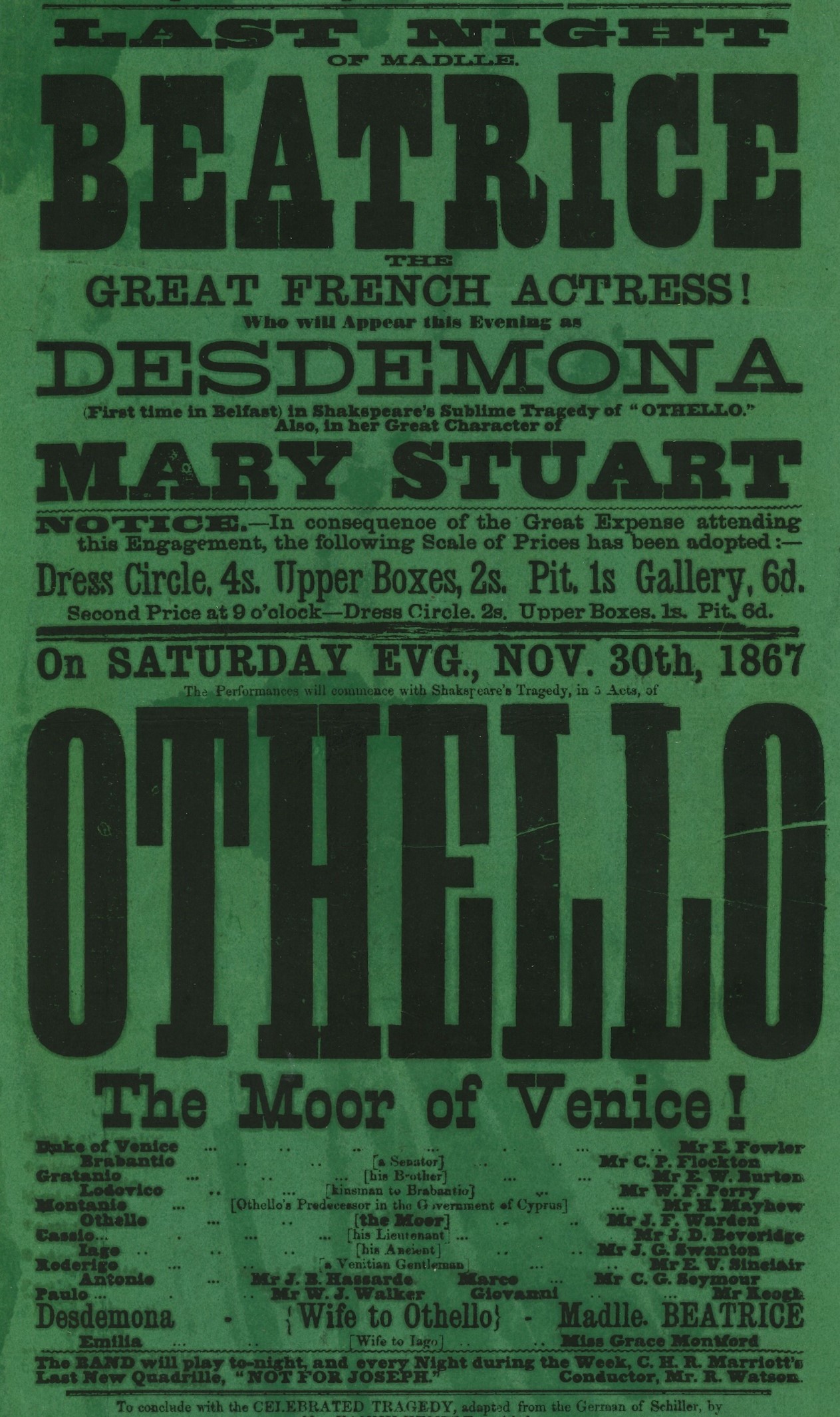 A poster in 1867 Mademoiselle Beatrice plays Desdemona opposite J F Warden as Othello