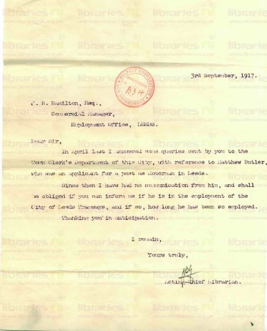 BUT 013. Letter from Goldsbrough to J.B. Hamilton, Leeds Employment Office 3 September 1917. Employment with Leeds Tramway Co. Page one of one.