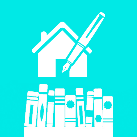 Icon of a home and a pen symbolising local writers
