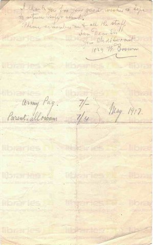 BRO 007. Letter from Brown to Goldsbrough 27 April 1917. France. Pay, Elliott's death, staff. Page two of two.
