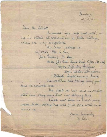 ROY 001. Letter from Roy to Elliott 10 October 1915. Arrived, address. Page one of one. 