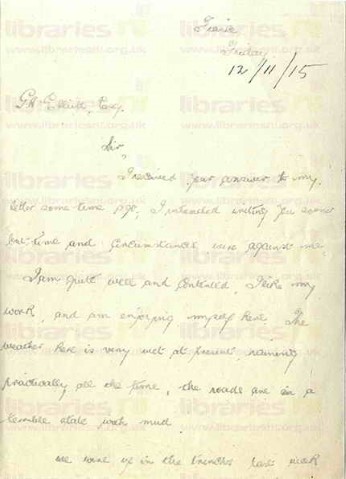 McC 004. Letter from McCausland to Elliott 12 November 1915. France. Trenches, farmers working alongside trenches.  Page one of three.