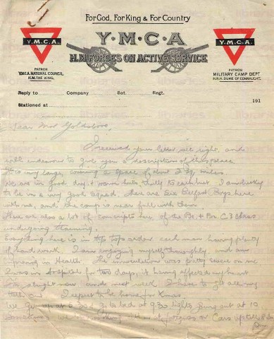 ORO008. Letter from O'Rourke to Goldsbrough 1 April 1918. Camp, ill after inoculation, routine, pay. Page one of two. 