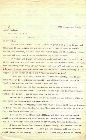 COU 042. Letter from Goldsbrough to Coulson 25 September 1917. Holiday, Warren POW, other library at war, library matters. Page one of two.