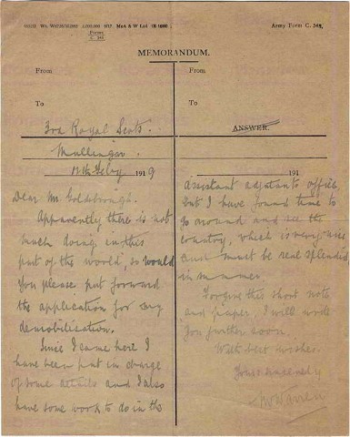 WAR 007. Letter from Warren to Goldsbrough 12 February 1919. Mullingar. Demobilisation, working in assistant adjutant's office. Page one of one. 