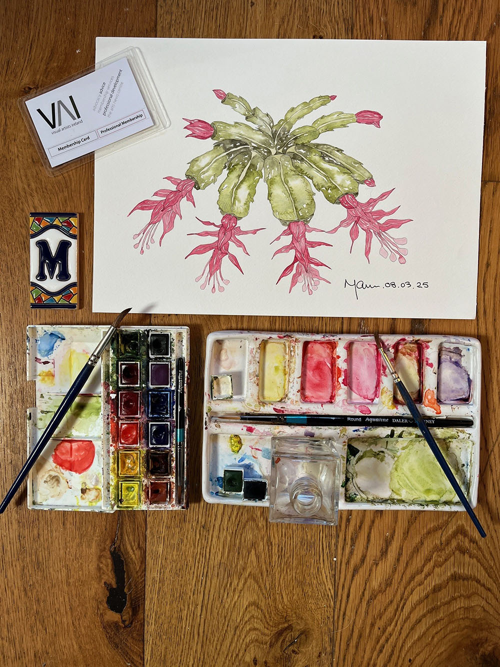 Water colour painting and paints and brushes
