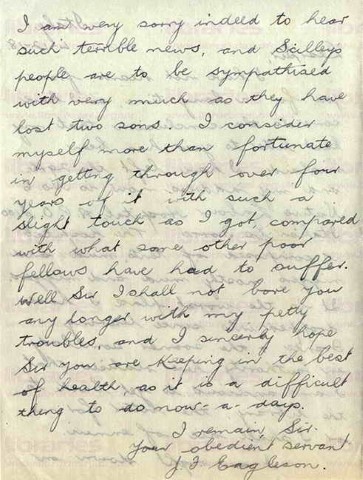EAG 020. Letter from Eagleson to Goldsbrough 4 December 1918. Italy. Hospital work, anxious to get back to the library, Brown and Scilley deaths. Page three of three. 