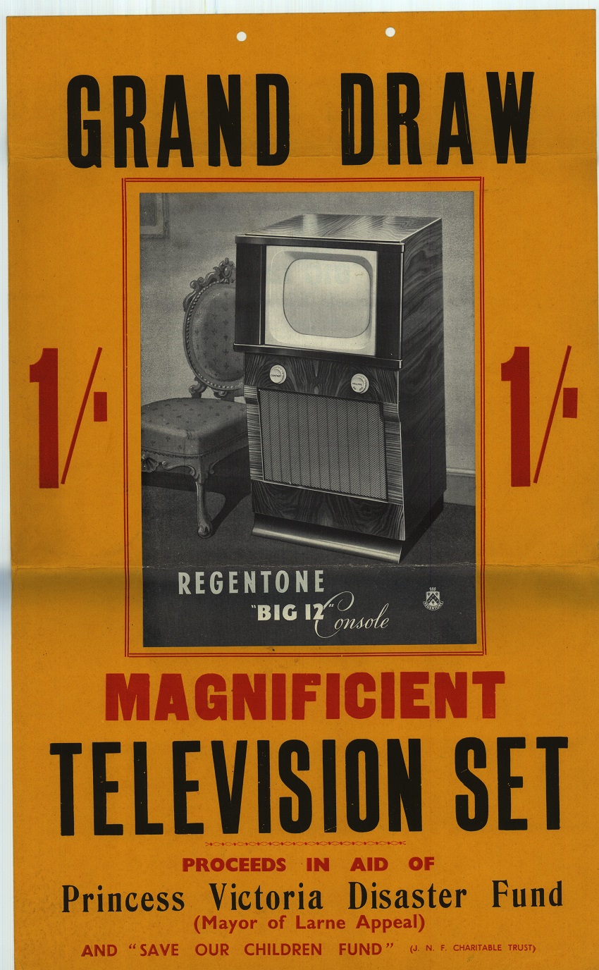 A poster advertising a fundraising raffle to win a television in aid of the Princess Victoria Disaster Fund, 1953.