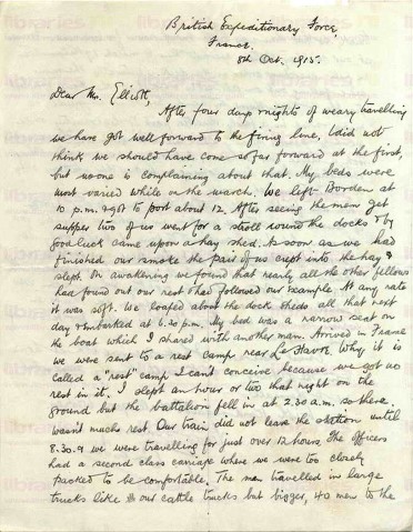 COU 023. Letter from Coulson to Elliott 8 October 1915. France. Journey to France. Page one of two.