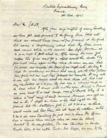 COU 023. Letter from Coulson to Elliott 8 October 1915. France. Journey to France. Page one of two.