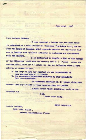 COU 033. Letter from Elliott to Coulson 30 March 1916. Pay allowances. Page one of two. 
