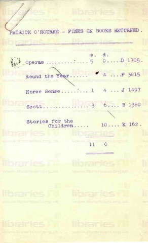 ORO 018. Fines on Books Returned 1 August 1919. Page one of one.