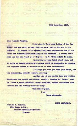 COU 027. Letter from Elliott to Coulson 19 November 1915. Sickness, recruitment, library staff joining the war. Page one of one. 