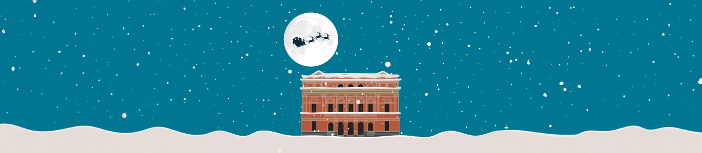 Santa's sleigh and reindeer flying over Belfast Central Library