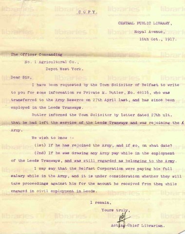 BUT 019. Letter from Goldsbrough to Commanding Officer No. 1 Agricultural Co. 16 October 1917. Clarification on employment. Page one of one. 