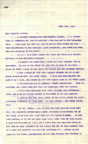 COU 036. Letter from Elliott to Coulson 29 June 1916. Miss Corr, Library staff at war, Elliott's son Terence R.I.R. Page one of two. 