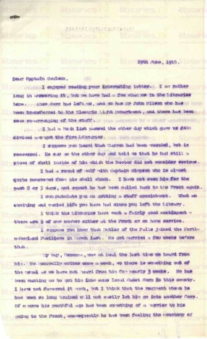 COU 036. Letter from Elliott to Coulson 29 June 1916. Miss Corr, Library staff at war, Elliott's son Terence R.I.R. Page one of two. 