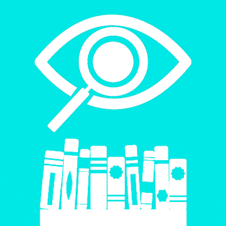 An icon of a magnifying glass over the pupil of an eye and a shelf full of books