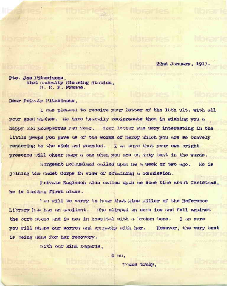 FIT 015. Letter from Elliott to Fitzsimons 22 January 1917. Bravery and bright presence, other staff at war, library staff. Page one of one. 