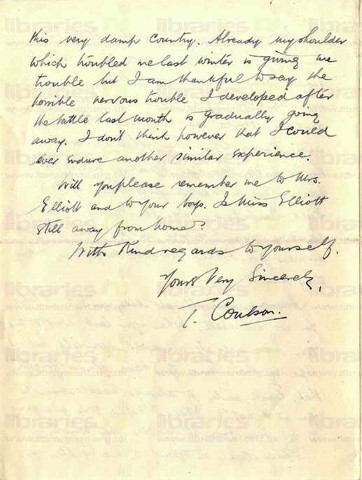 COU 037. Letter from Coulson to Elliott 23 August 1916. France. Long march, trenches, German air raids. Page four of four. 