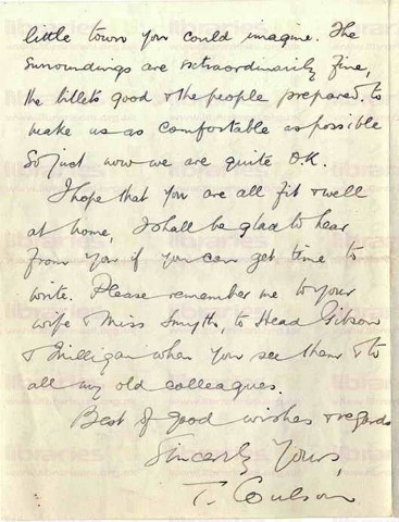 COU 044. Letter from Coulson to Goldsbrough 21 May 1918. France. School moved, meets McCausland, 'Carey's Force', under machine gun fire. Page three of three.  