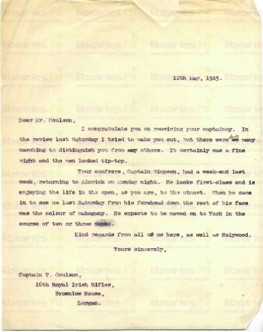 COU 014. Letter from Elliott to Coulson 12 May 1915. Captaincy, review, Simpson. Page one of one. 