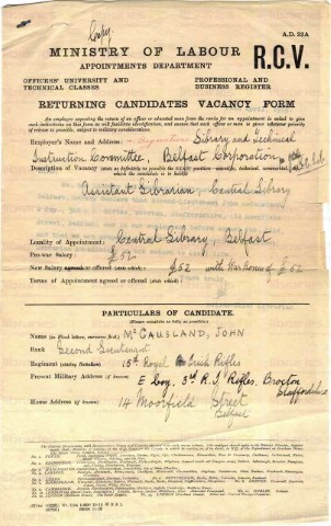 McC 025. Returning Candidates Vacancy Form 1 April 1919. Page one of one. 
