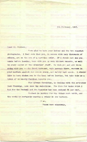 COU 010. Letter from Elliott to Coulson 9 February 1915. Best wishes. Page one of one. 
