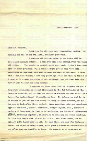 COU 007. Letter from Elliott to Coulson 10 November 1914. Advise on heel injury, Simpson commission, Falls Road Library, support for soldiers. Page one of two. 